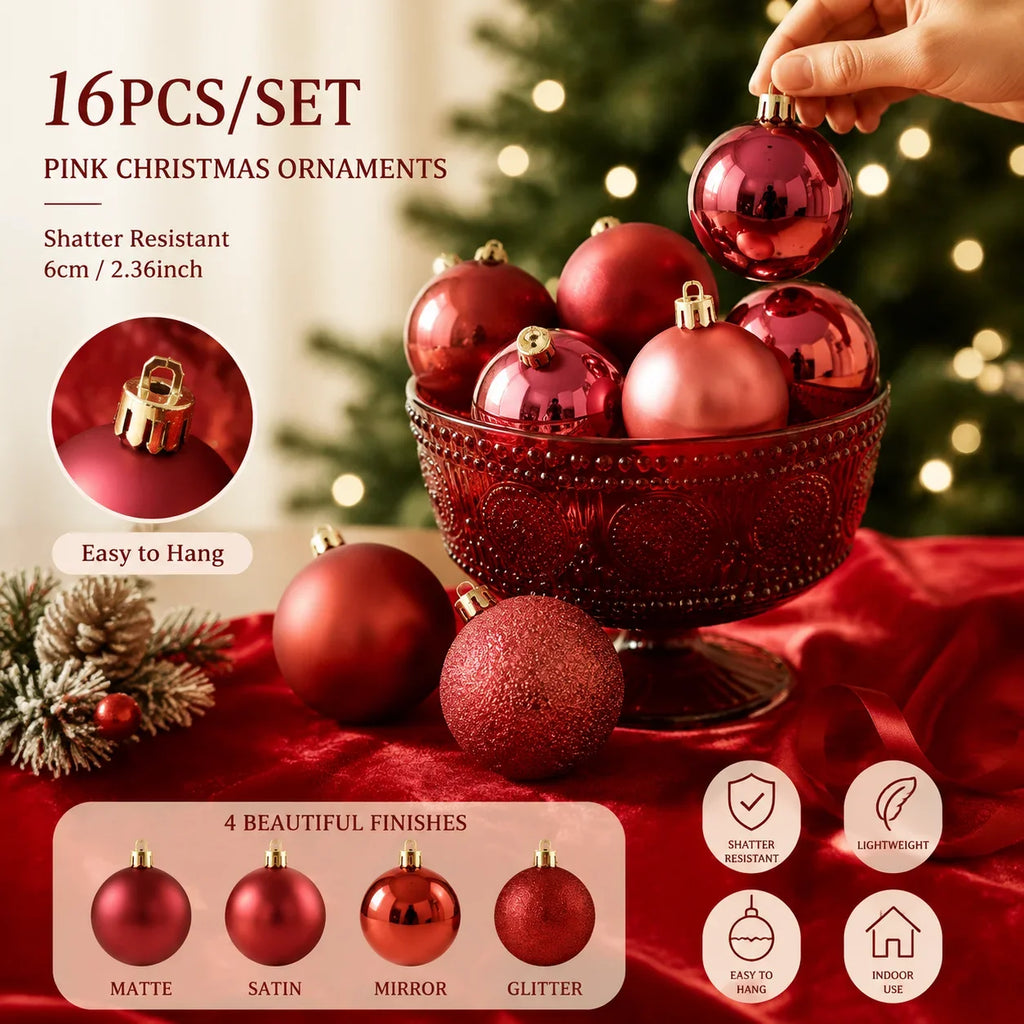 Creative Shatter Resistant 6cm Pink Christmas Tree Ornaments Balls 4 Variants Xmas Ball Decoration 16pcs Christmas Plastic Balls HIP