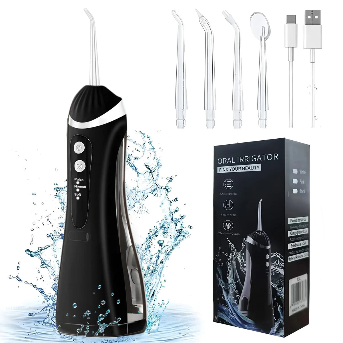 Rechargeable Water Flosser – 3 Modes & 4 Nozzles | ALIWUZN Oral Water Flosser HIP Black USB Type-C