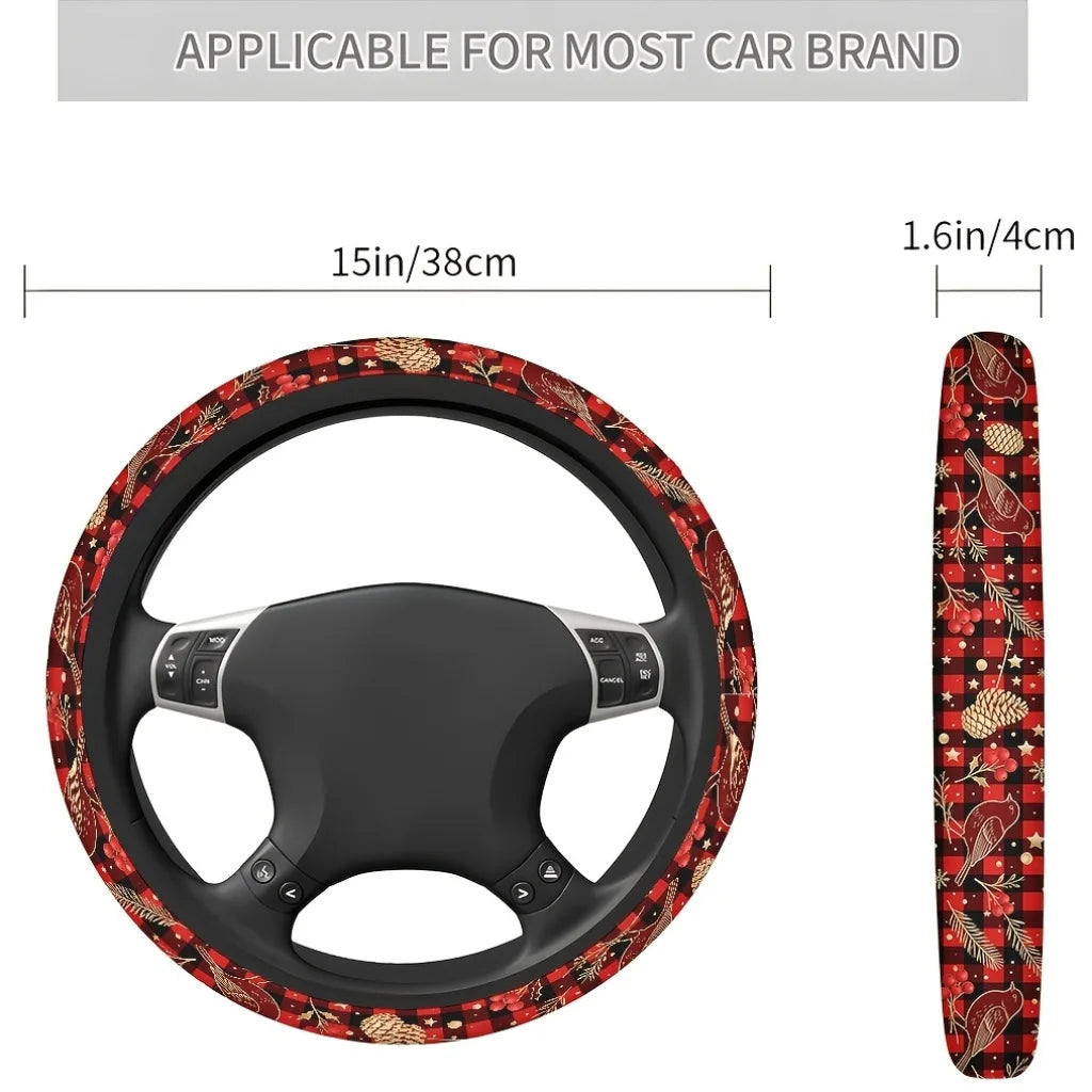 Christmas Plaid Bird & Pinecone Car Steering Wheel Cover Steering Wheel Cover HIP black
