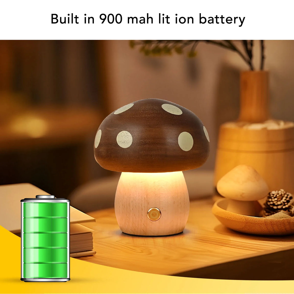 Bedside Lamp Warm Light Ebony Wood LED Table Lamp USB Rechargeable Stepless Dimming Mushroom Shaped for Dining Room HIP