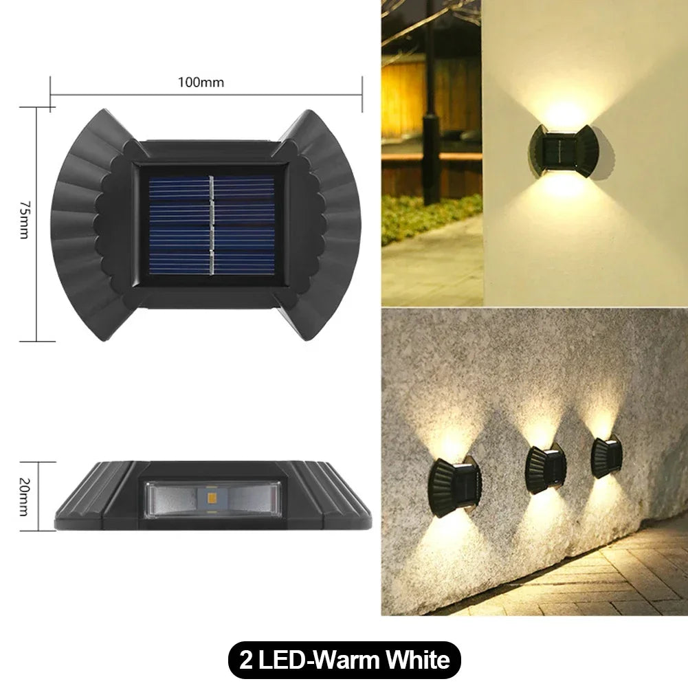 LED Solar Wall Lamp Outdoor Waterproof Up and Down Luminous Lighting Garden Decoration Solar Lights Stairs Fence Sunlight Lamp HIP 2LED-Warm White