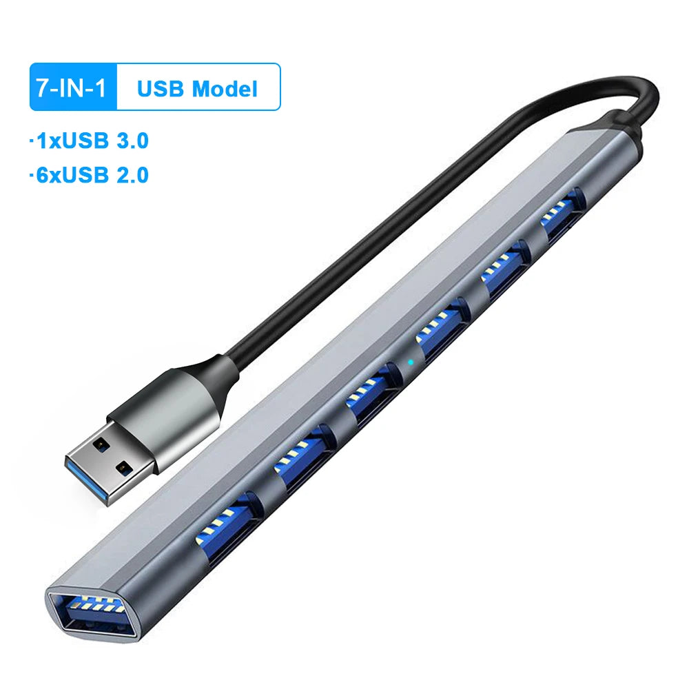 7-Port USB 3.0 Hub USB-A & USB-C Splitter – 5Gbps Speed USB Hub Splitter HIP 7-IN-1 Gray USB
