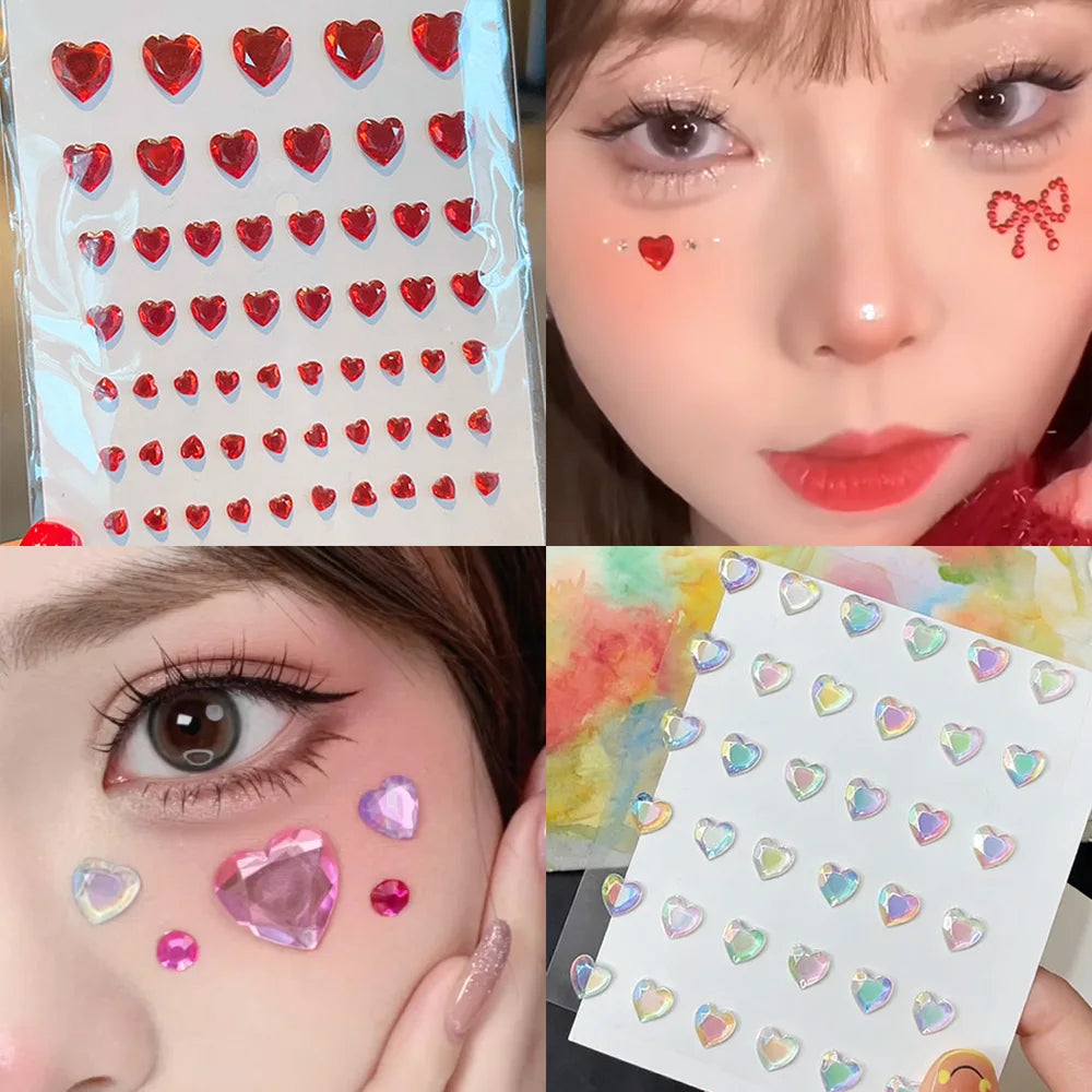 57Pcs/sheet Heart Rhinestone Face Jewels Stickers 3D Multicolor Self-Adhesive Gems For DIY Festival Party Eye & Face Makeup Deco HIP
