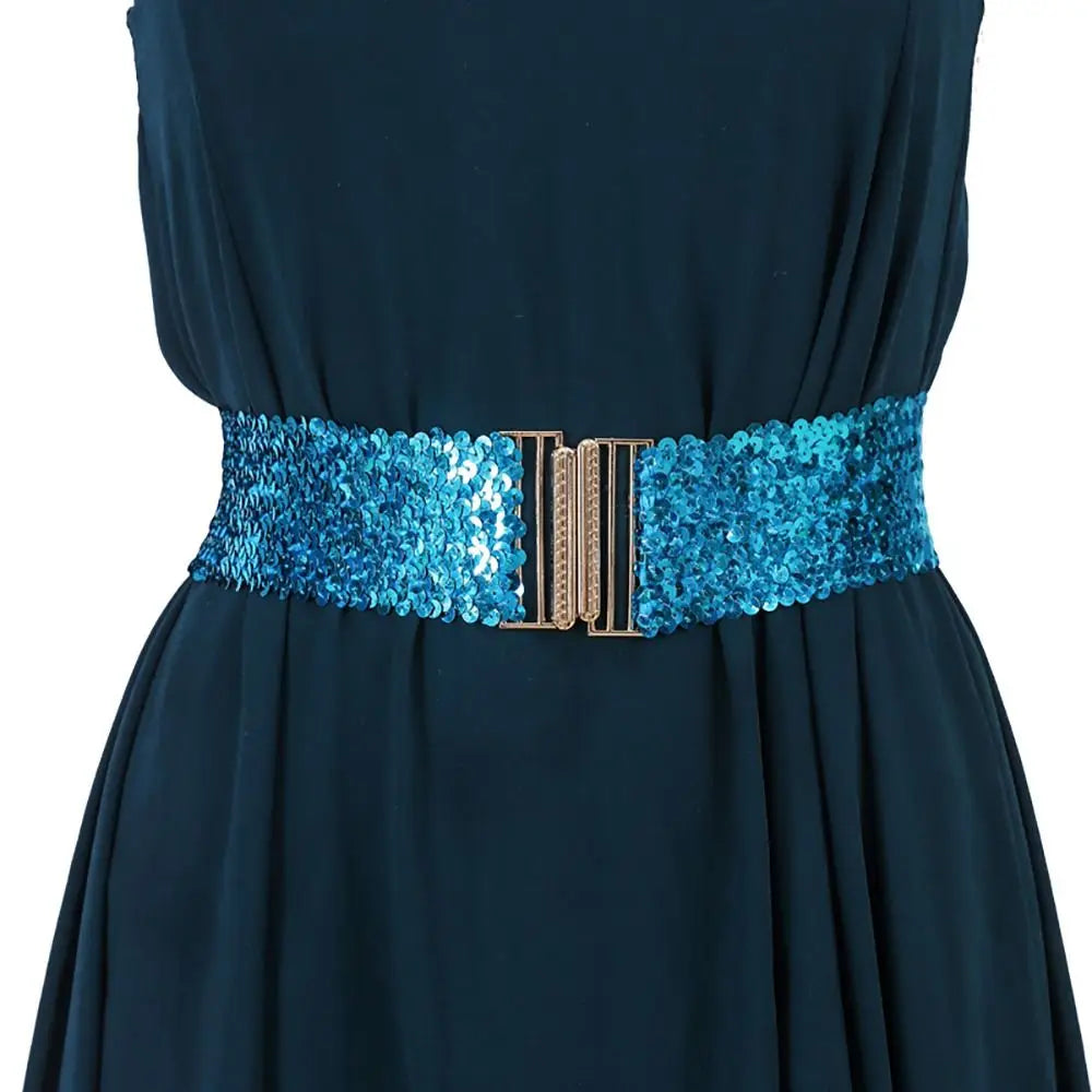 Women's Wide Sequin Belt – Gold Buckle Elastic Waistband Sequin Fashion Belt HIP