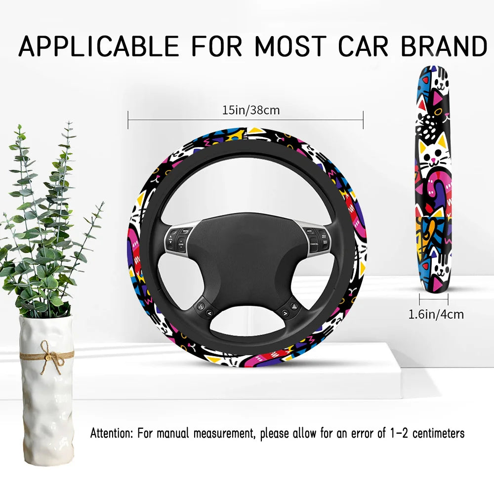 Cartoon Cat Geometric Patchwork 15-Inch Steering Wheel Cover Steering Wheel Cover HIP