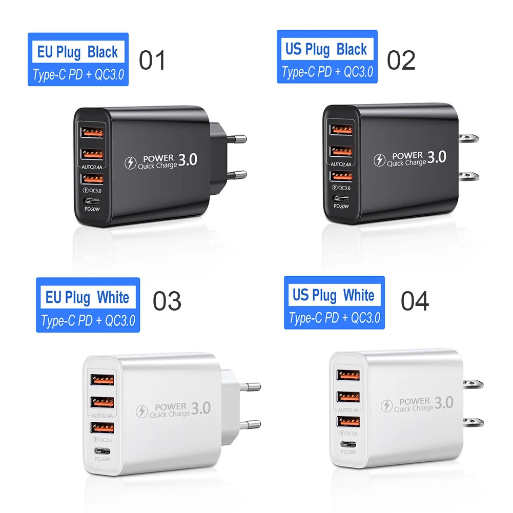 20W PD 4 Ports USB 5V4A Charge Power Adapter Mobile Phone Charger QC3.0 Charging EU/US Plug Outlet Travel Charger 110V 220V HIP