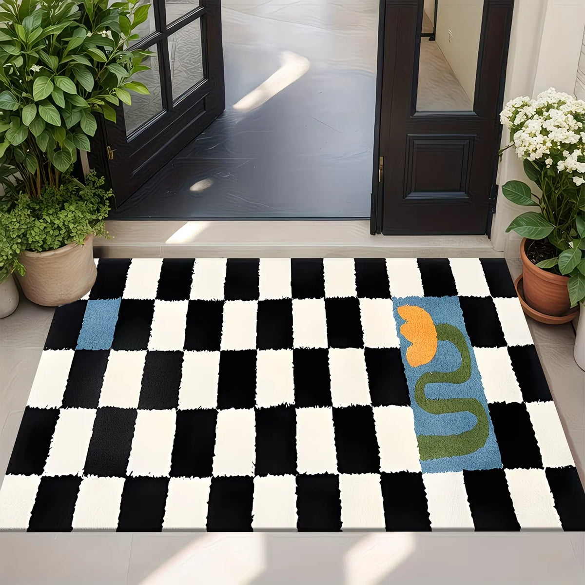 Checkered Floral Non-Slip Rug – Black & White Indoor Mat Decorative Area Rug HIP