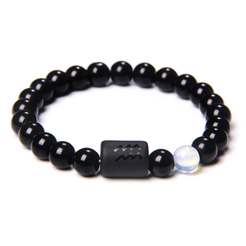 12 Constellation Zodiac Signs Beads Couples Bracelet Natural Black Onyx Stone Elastic Charm Bracelet for Women Men Birthday Gift HIP