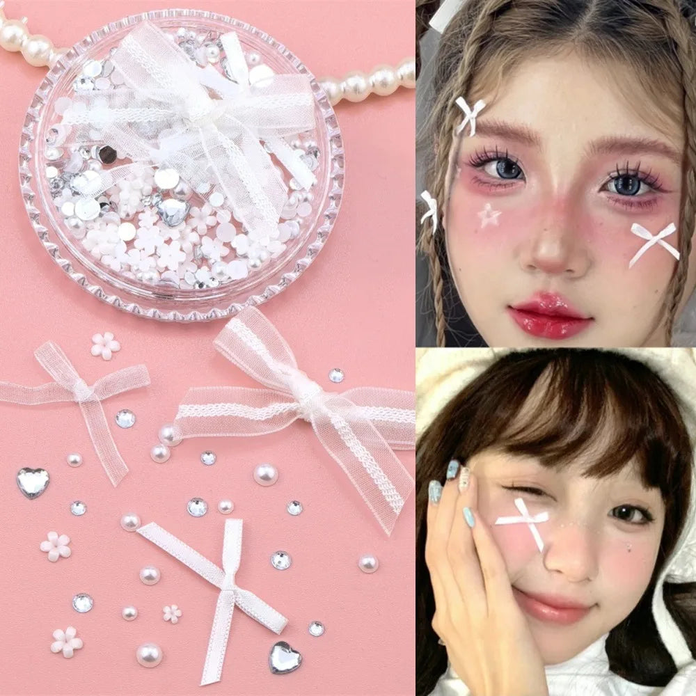 1 Box Sweet Face Jewelry Decoration Rhinestone 3D Bow Love Crystal Diamond Pearl Safe Nail Hair Accessories Festival Face Makeup HIP 162