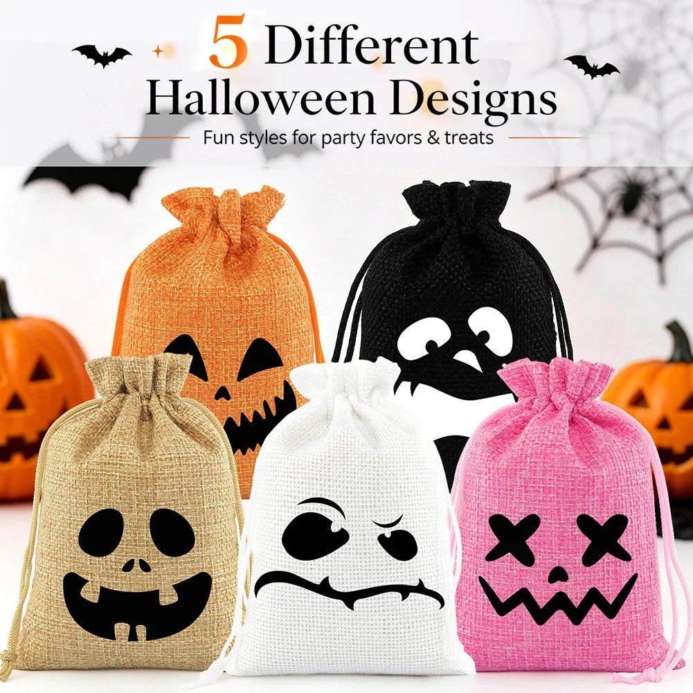 Multi Functional 5PCS Halloween Drawstring Gift Bag Linen Pumpkin Spider Bag Kids Favorite Candy Bag Holiday Party Home Decor HIP