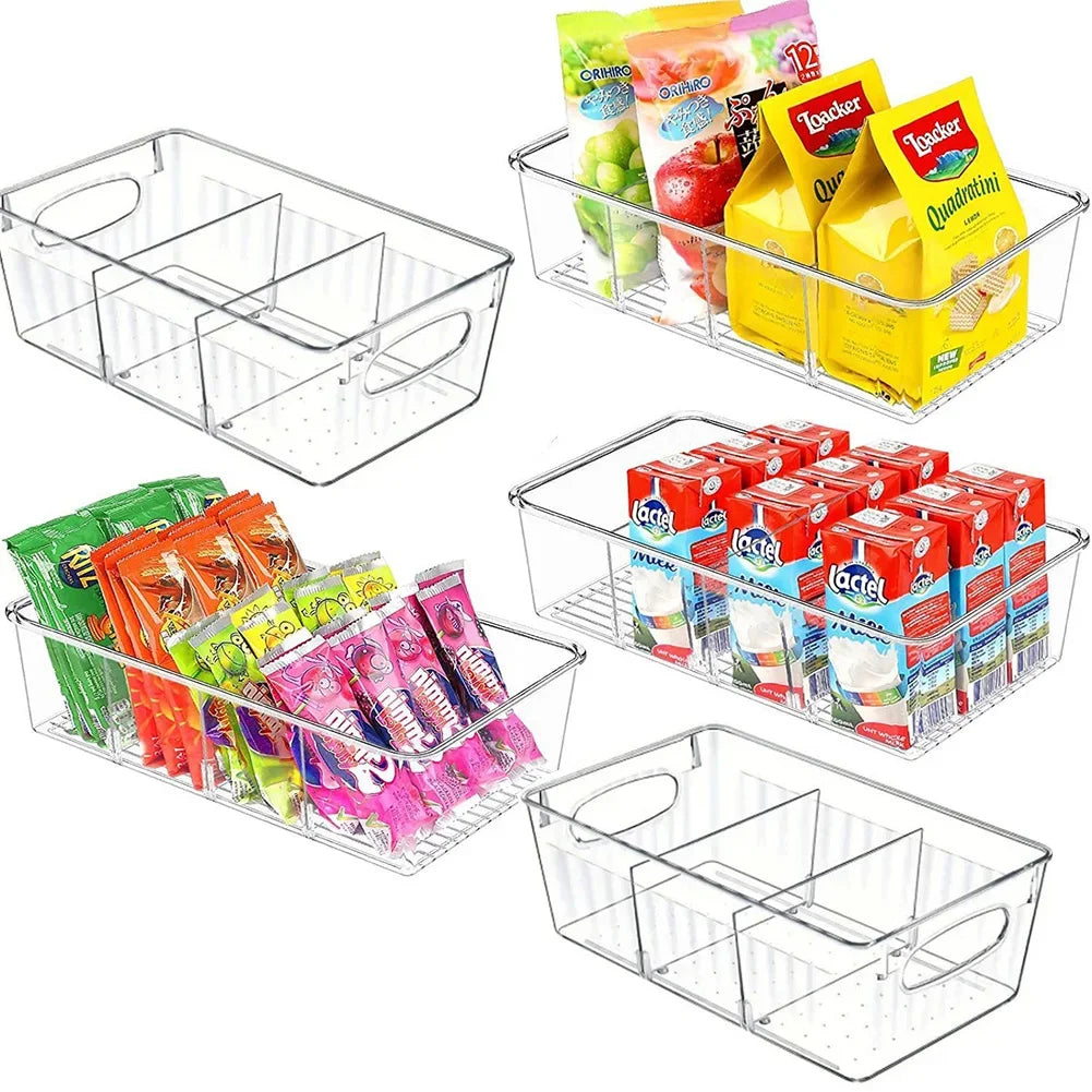 1Pc Hot Kitchen Refrigerator Organizer Bin Clear Plastic Food Storage Fridge Storage Box with Divider Freezer Pantry Organizer HIP