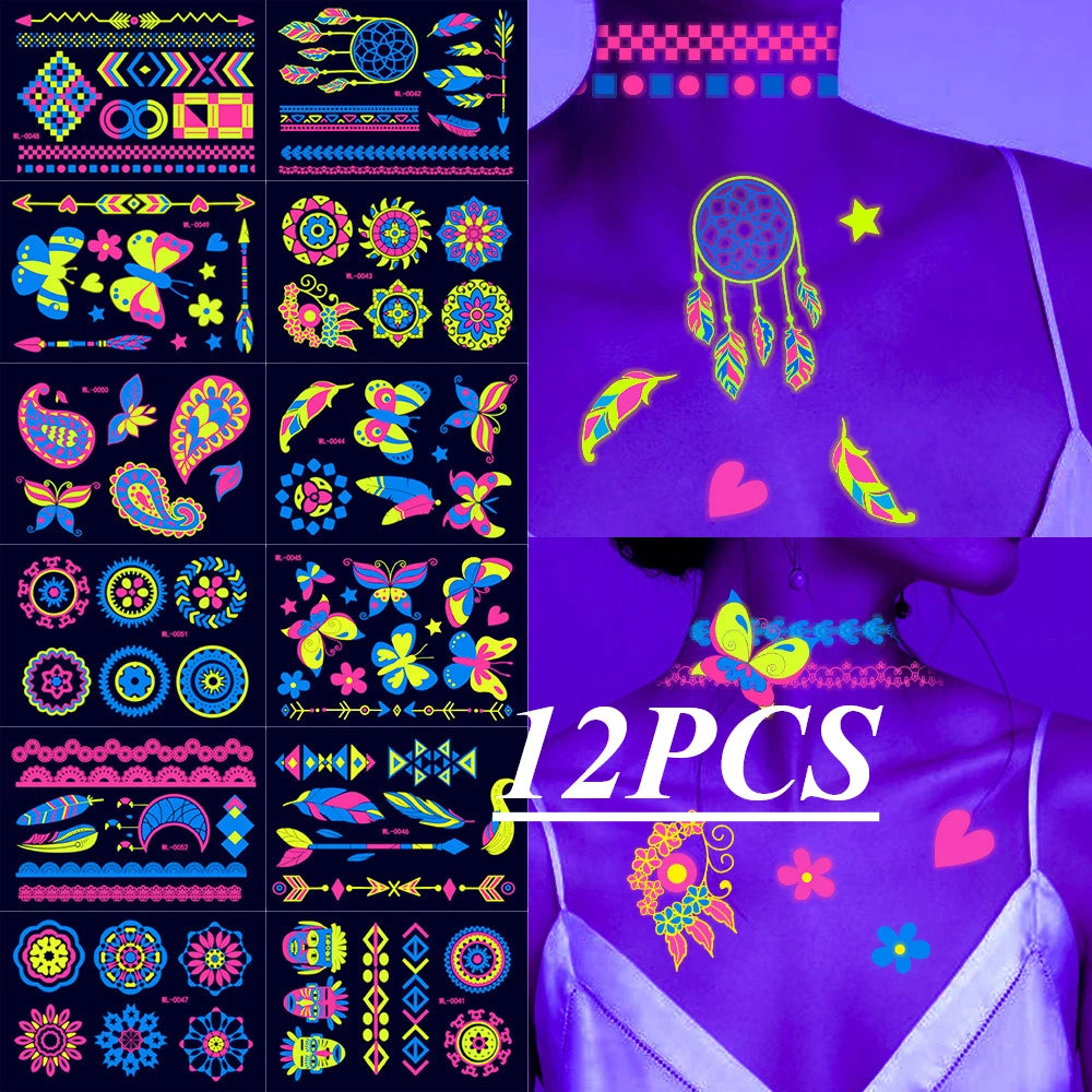 12/24pcs Luminous Temporary Tattoos Stickers UV Neon Fluorescent Glow in the Dark For Body Face Tattoo Stickers Party Accessorie HIP 12PCS A