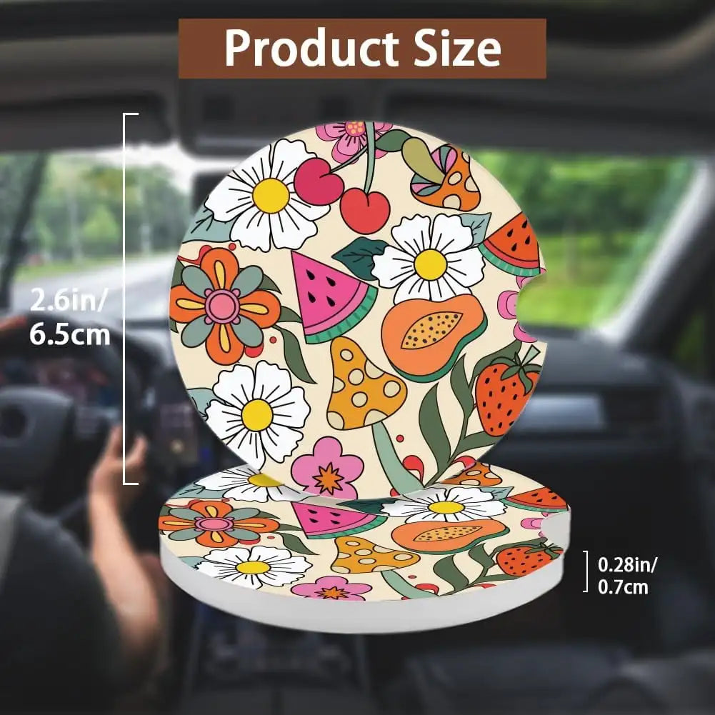 Ceramic Car Cup Holder Coasters, Floral & Fruit Design – 2-Pack Car Cup Coaster HIP