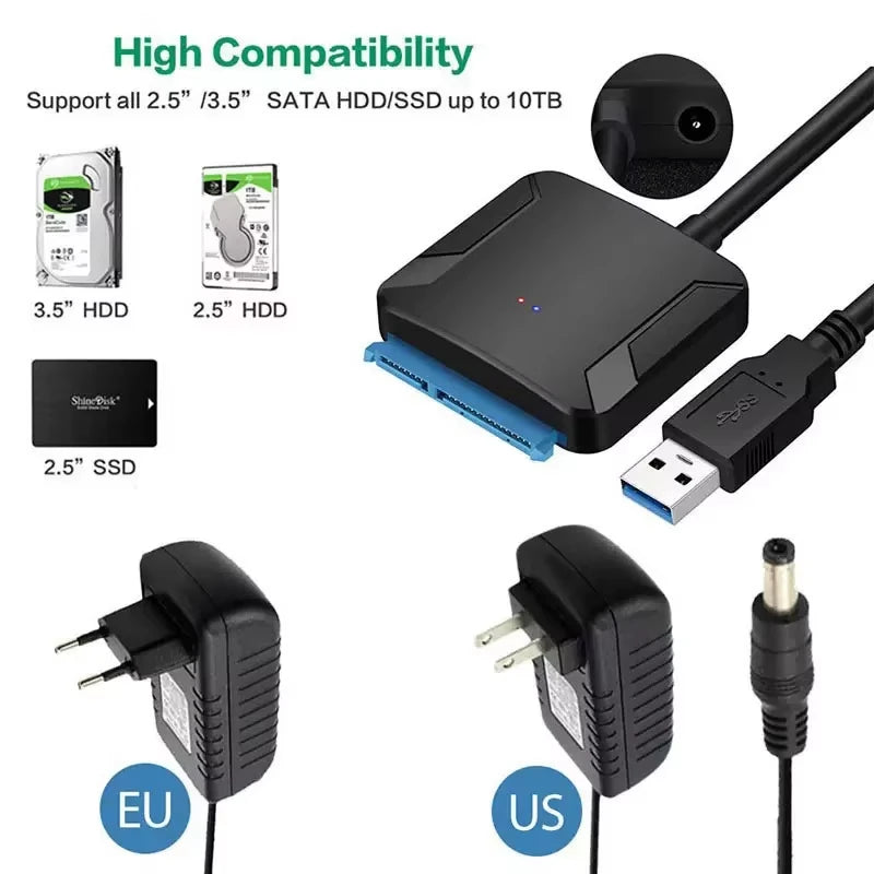 SATA to USB3.0 Cable SATA III Hard Drive Adapter Converter for 2.5" 3.5" SSD HDD Hard Drive Disk with 12V/2A Power Adapterer HIP