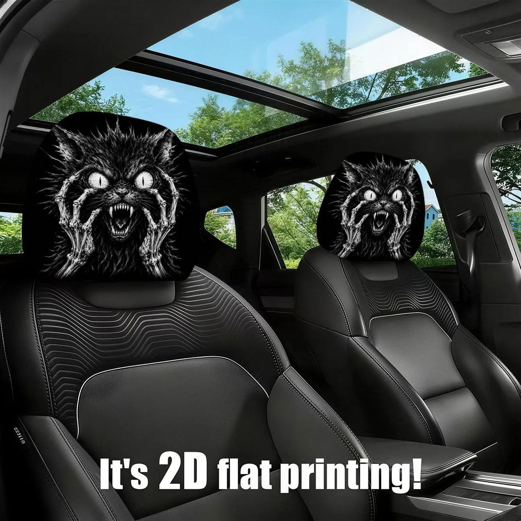 Gothic Skeleton Cat Car Headrest Covers & Neck Pillows – 2pc Car Headrest Cover HIP