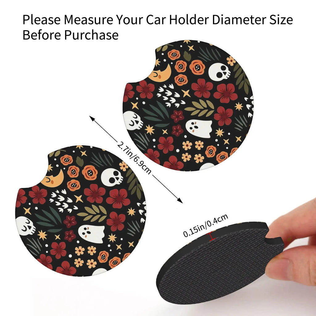 2-Pc Skull & Floral Car Cup Holder Coasters – Black Car Cup Coasters HIP
