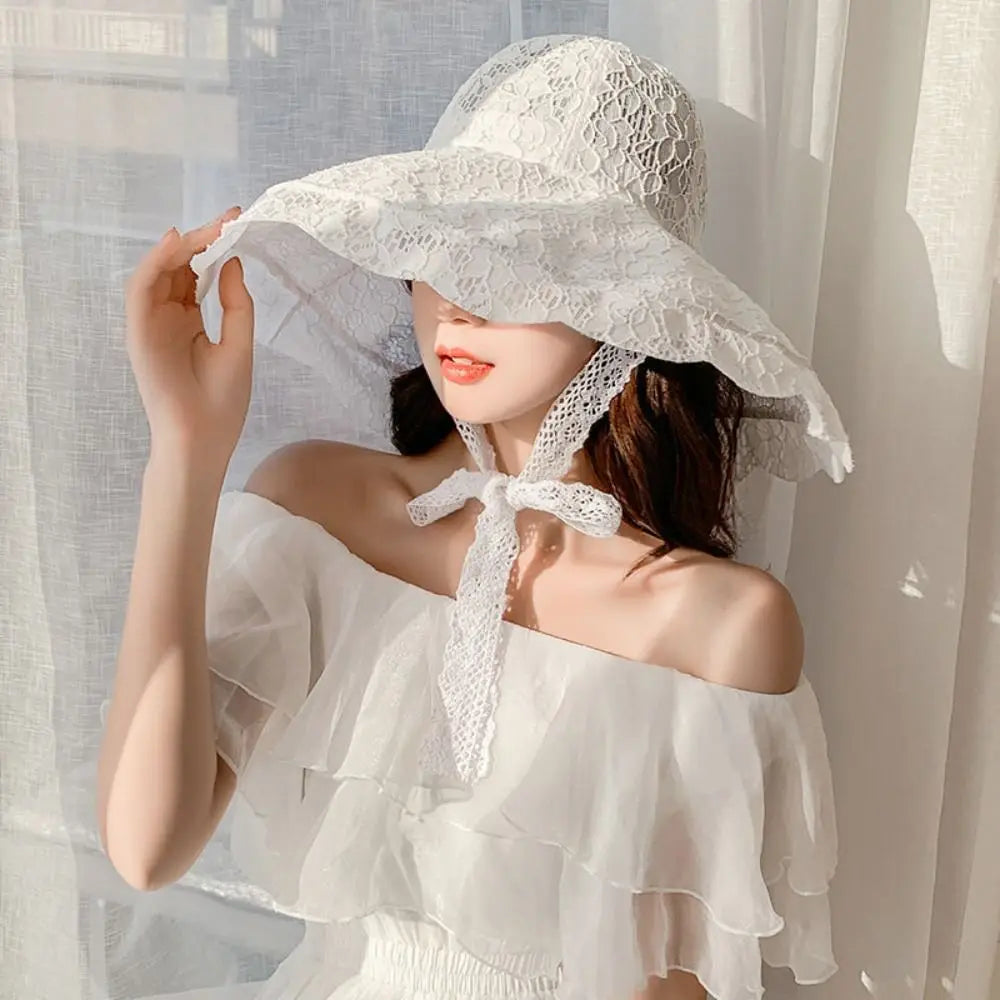 Lace-Up Bucket Hat Women – Wide Brim UV Sun Cap Bucket Hat HIP White