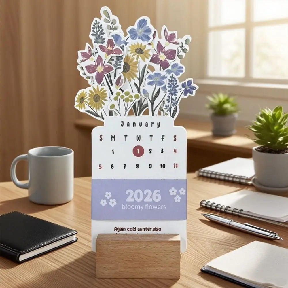 2026 Floral Vase Desk Calendar – Wooden Base Monthly Planner Desk Calendar HIP