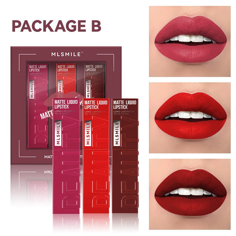 MLSMILE 3-Piece Velvet Matte Lip Gloss Set – Long-Lasting Liquid Lip Gloss Set HIP B