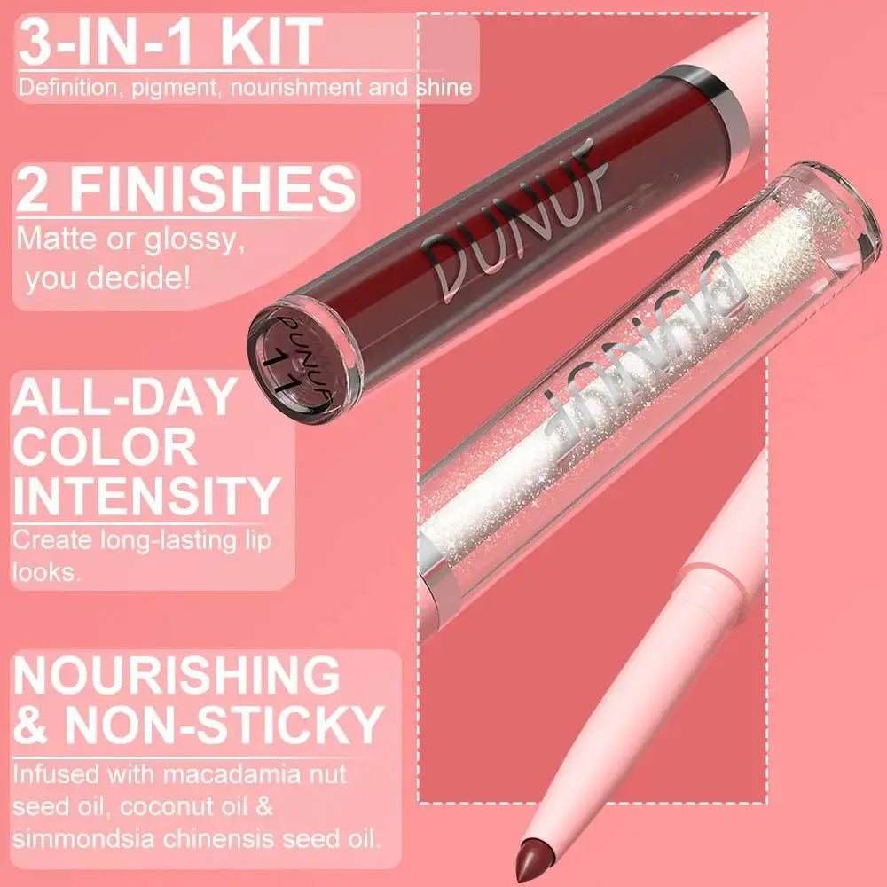 DUNUF 3-Pc Matte Lipstick, Lip Liner & Lip Oil Set – Rose Pink Lip Makeup Kit HIP