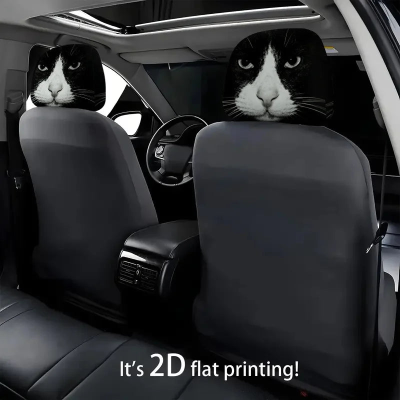 Black & White Cat Print Car Headrest Cover – 2D Flat Car Headrest Cover HIP