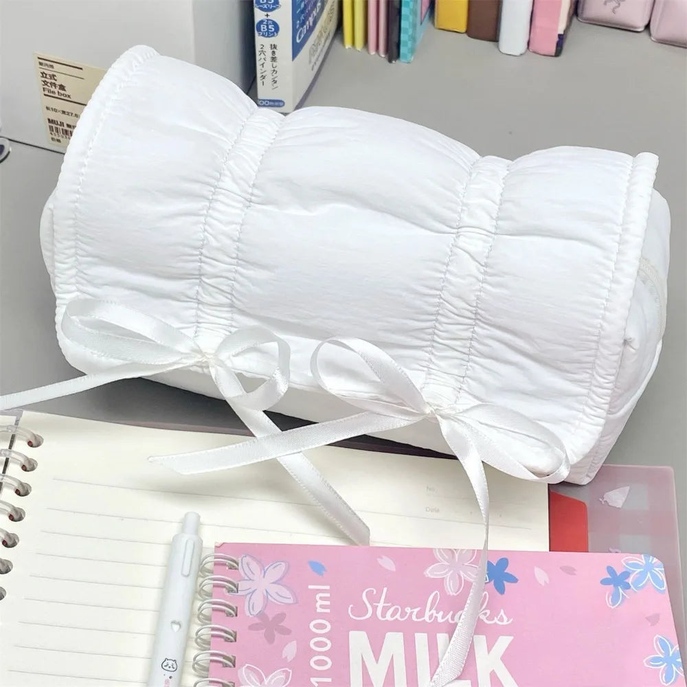 Large Capacity Bow Drawstring Pencil Case – Canvas Pen Bag Pencil Case Pouch HIP White