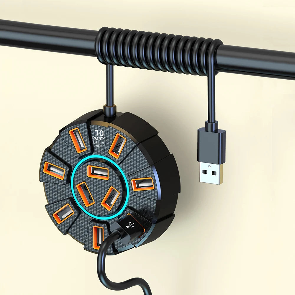 10-Port USB 2.0 Hub RGB Backlight 1.2m Cable | OULLX USB Hub HIP