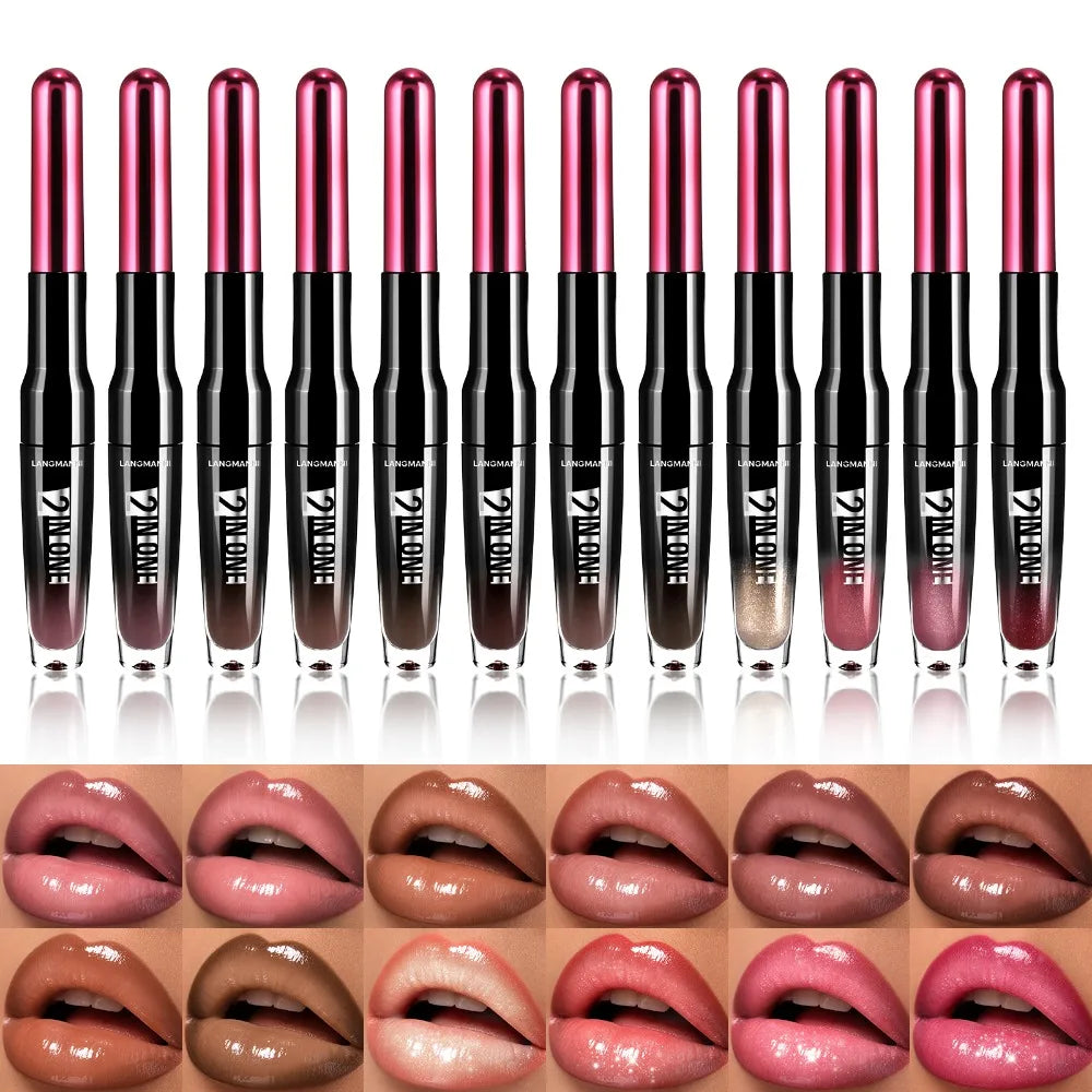 Dual End Wine Bottle Lip Makeup Matte Lip Liner Pen Mirror Glossy Lipgloss Long Lasting Moisturizing Shiny Lip Contour Cosmetic HIP