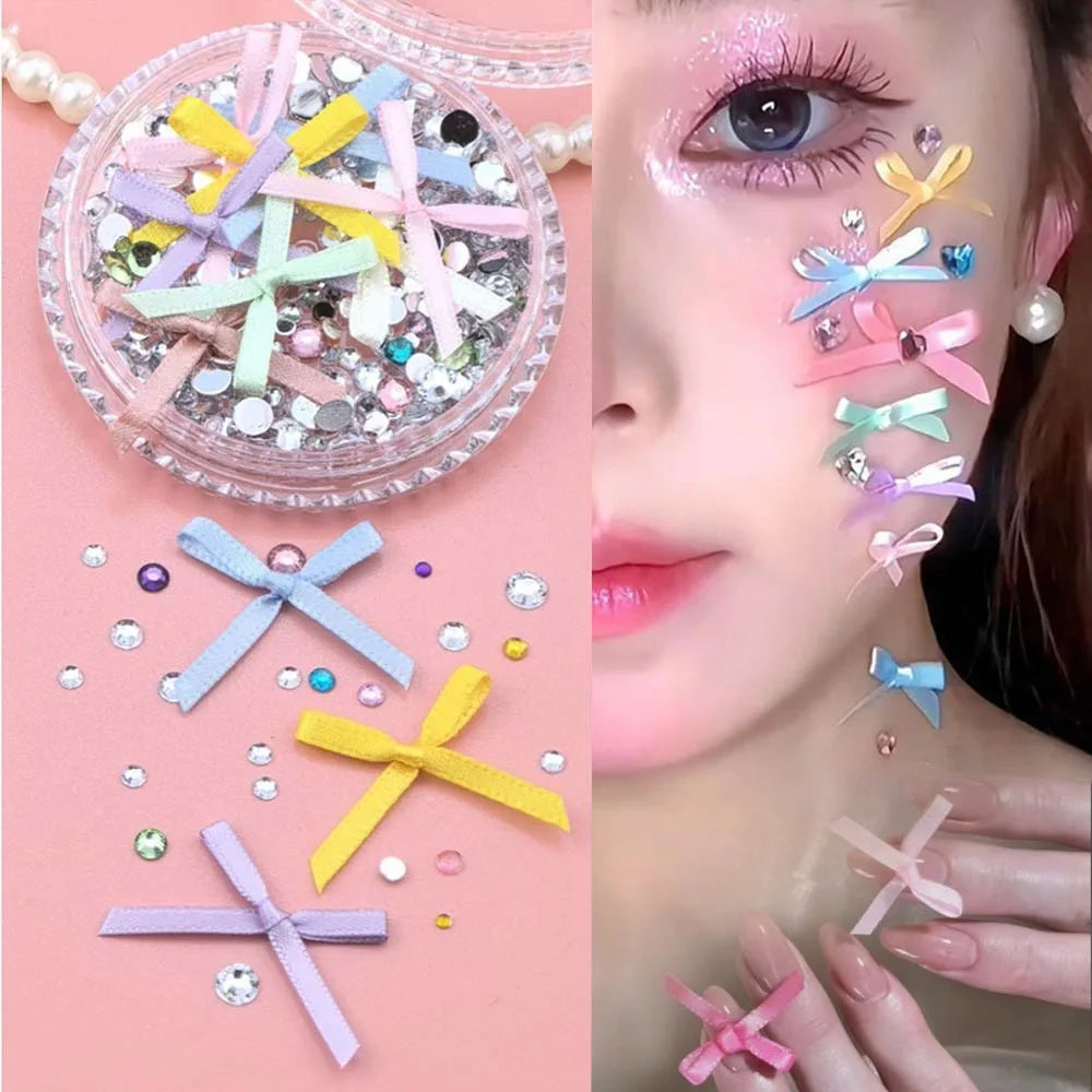 1 Box Sweet Face Jewelry Decoration Rhinestone 3D Bow Love Crystal Diamond Pearl Safe Nail Hair Accessories Festival Face Makeup HIP