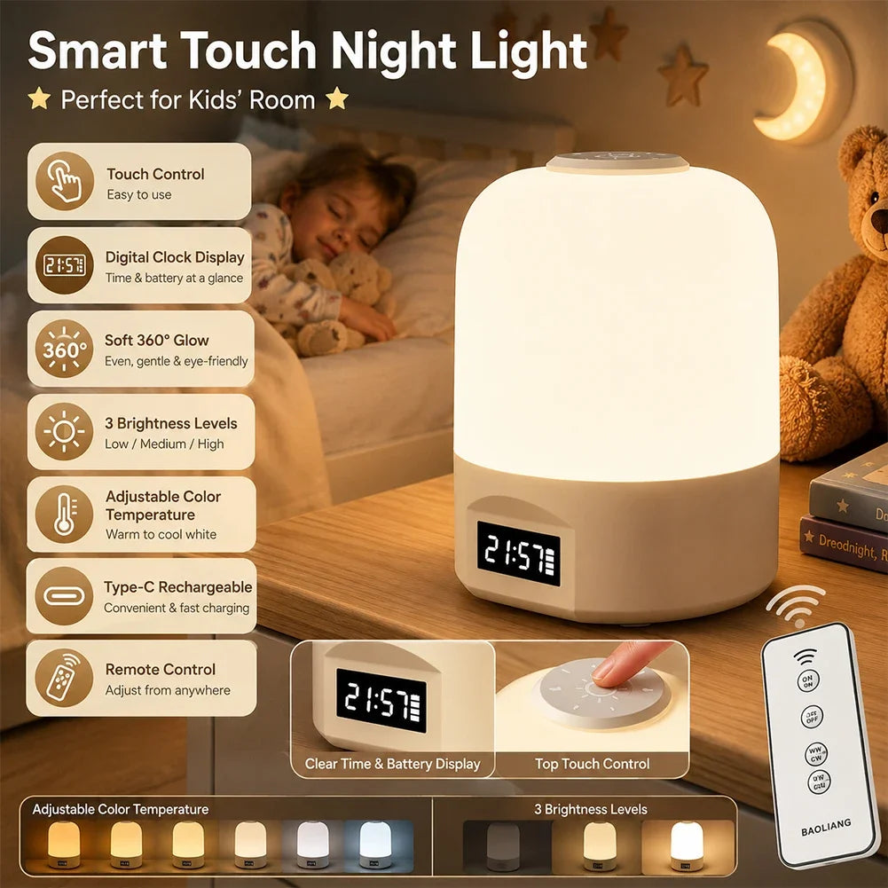 Rechargeable LED Night Light 1200Mah With Clock Remote Control Stepless Dimming Bedside Lamp For Bedroom Kids Gift HIP