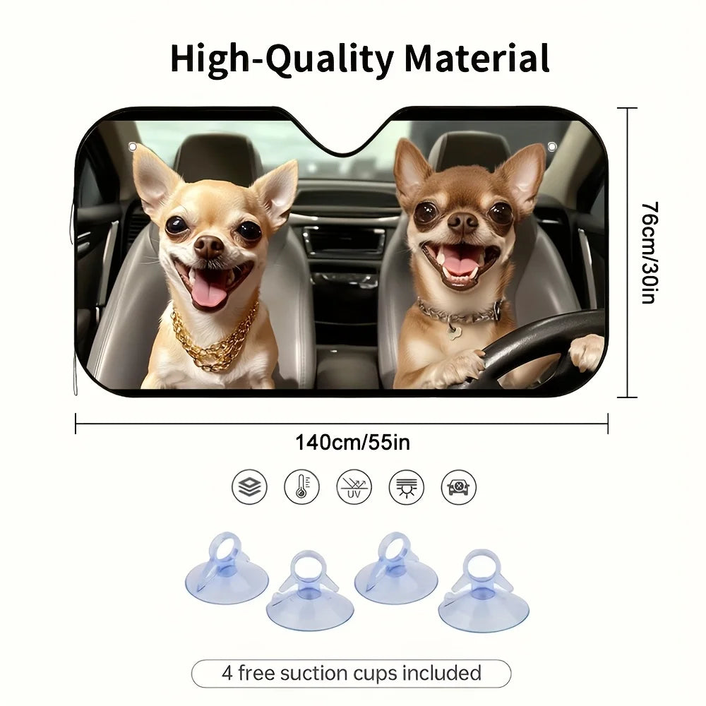 Driving Chihuahua Car Sunshade – Foldable, 4 Suction Cups Car Sunshade HIP