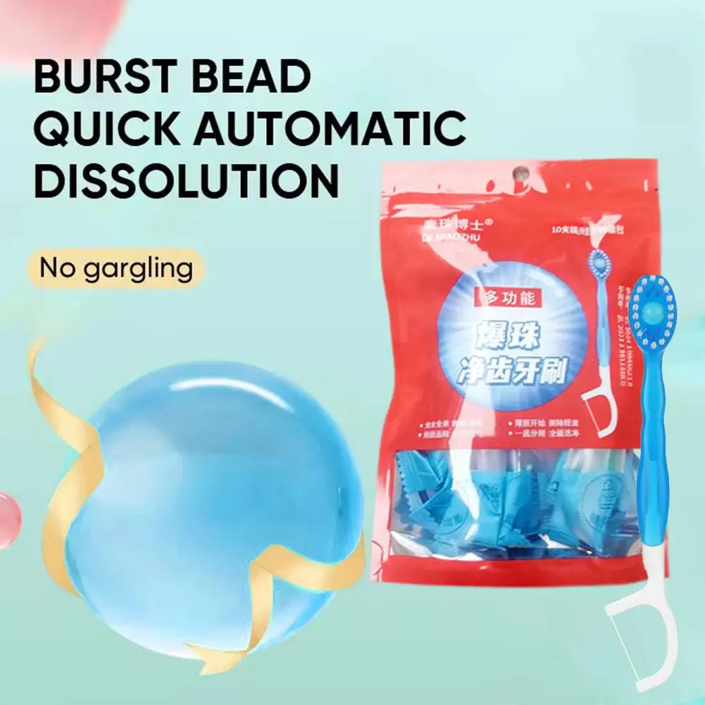 Disposable Toothbrush With Mint Exploding Beads Portable Travel Manual Toothbrush With Floss Pick Waterless Oral Cleaning Tool HIP