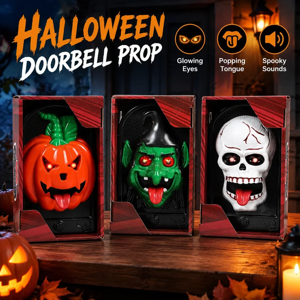 Funny Popping Tongue Glowing Eyes Doorbell Hanging Prop Haunted House Party Pumpkin Witch Skull Design Spooky Halloween Doorbell HIP