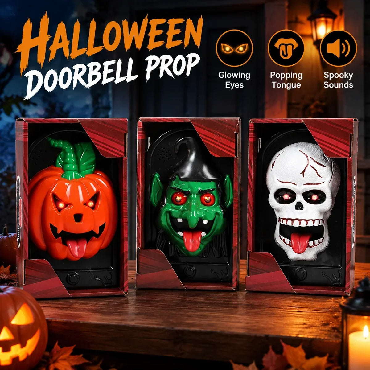 Funny Popping Tongue Glowing Eyes Doorbell Hanging Prop Haunted House Party Pumpkin Witch Skull Design Spooky Halloween Doorbell HIP