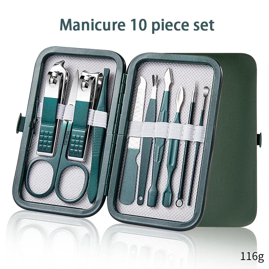Stainless Steel Manicure & Pedicure Set with Travel Case Manicure Pedicure Set HIP C606-Green 10pcs