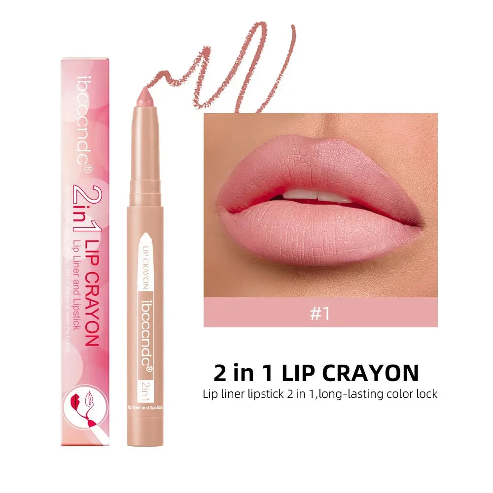 2-in-1 Lip Liner Waterproof Long Lasting Matte Lipstick Pencil Nude Pink Lips Outline Makeup Crayon Stick Lip Tint Line Cosmetic HIP 01