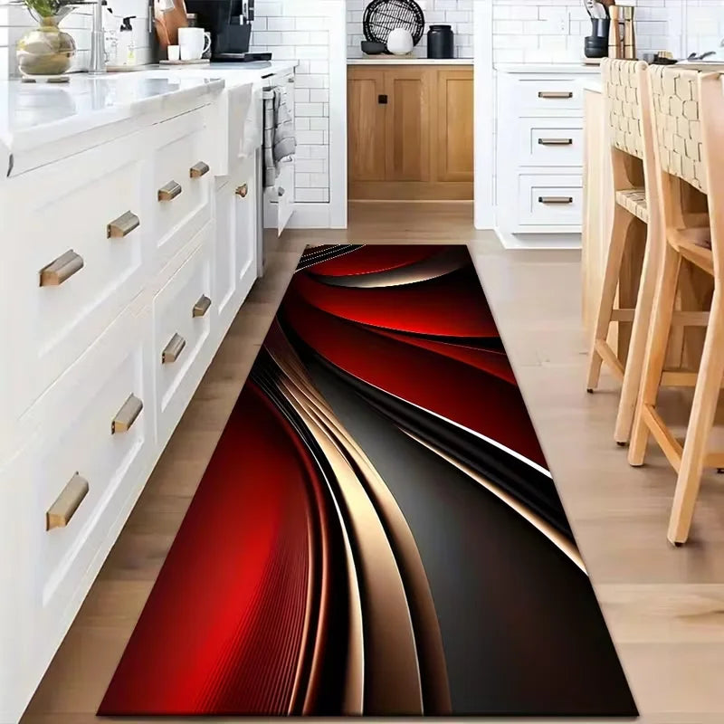 Red Black Gold Wave Kitchen Runner – Non-Slip Washable Rug Kitchen Runner Rug HIP