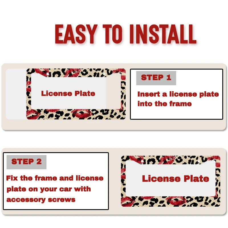 Metal License Plate Frame – Leopard Print Red Lips Gold SUV License Plate Frame HIP