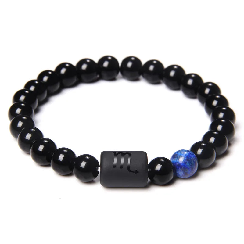 12 Constellation Zodiac Signs Beads Couples Bracelet Natural Black Onyx Stone Elastic Charm Bracelet for Women Men Birthday Gift HIP Scorpio