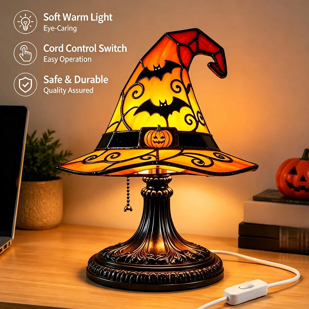 Gothic Desktop Ornament USB Powered Stained Glass Witch Hat Resin Night Light For Bedroom Halloween Party Living Room Home Decor HIP
