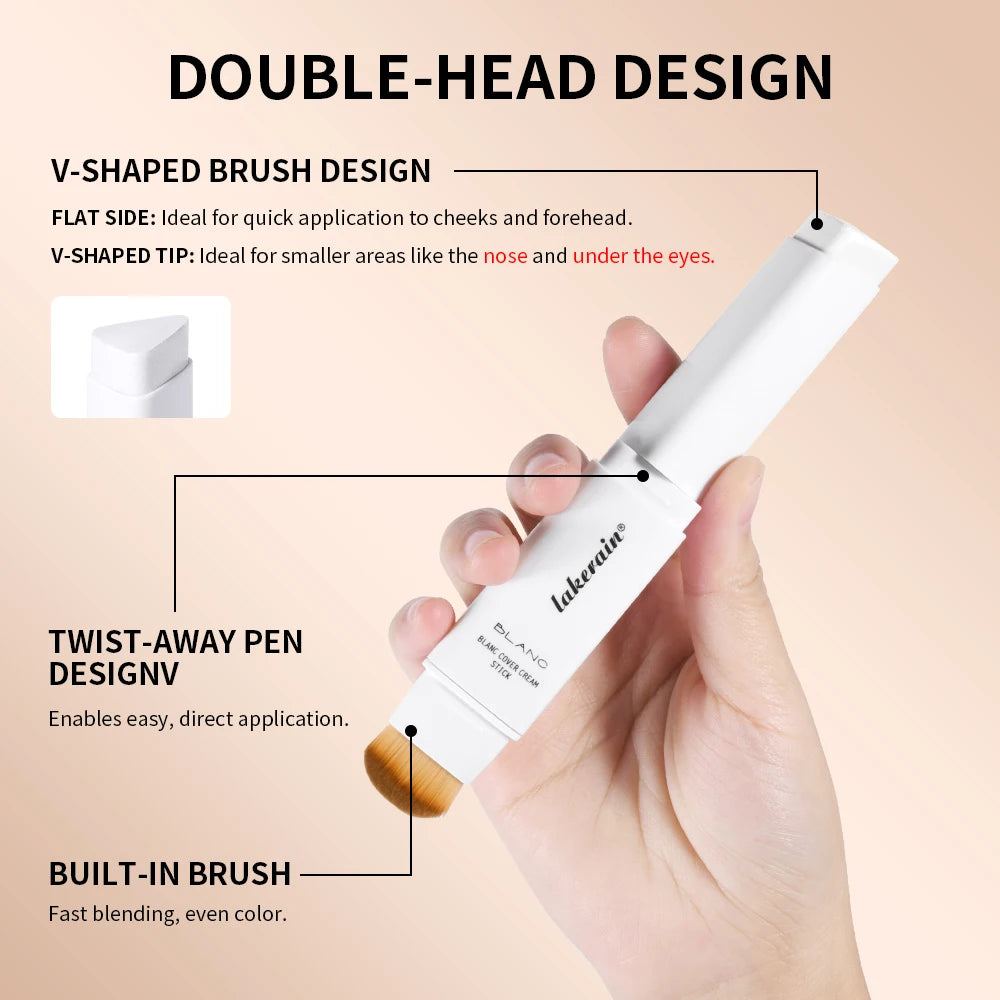Lakerain Color Changing Foundation Stick Full Coverage Matte Finish Dual-Ended Brush & Stick Waterproof Smooth Foundation Makeup HIP
