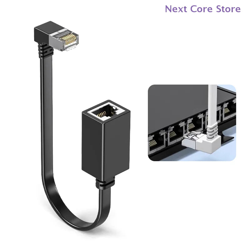 90° Flat CAT7 RJ45 Network Extension Cable – Left/Right Angle Network Cable Adapter HIP