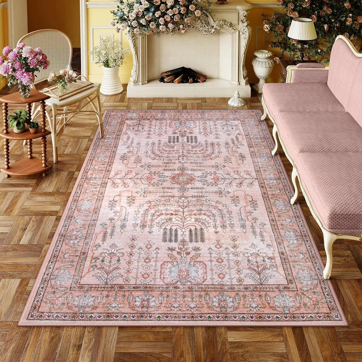 Vintage Persian Area Rug – Pink Boho Floral Non-Slip Washable Decorative Area Rug HIP