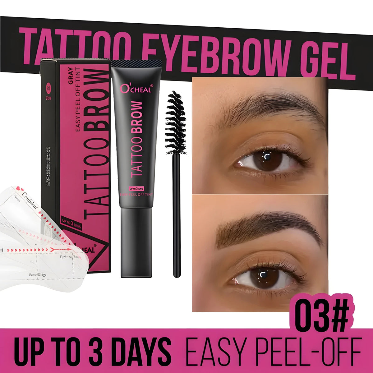 Waterproof Tattoo Brow Peel Off Tint with Stencils - Semi-Permanent Eyebrow Tint Lasts Up to 3 Days - Easy to Apply and Long-Las HIP Color03
