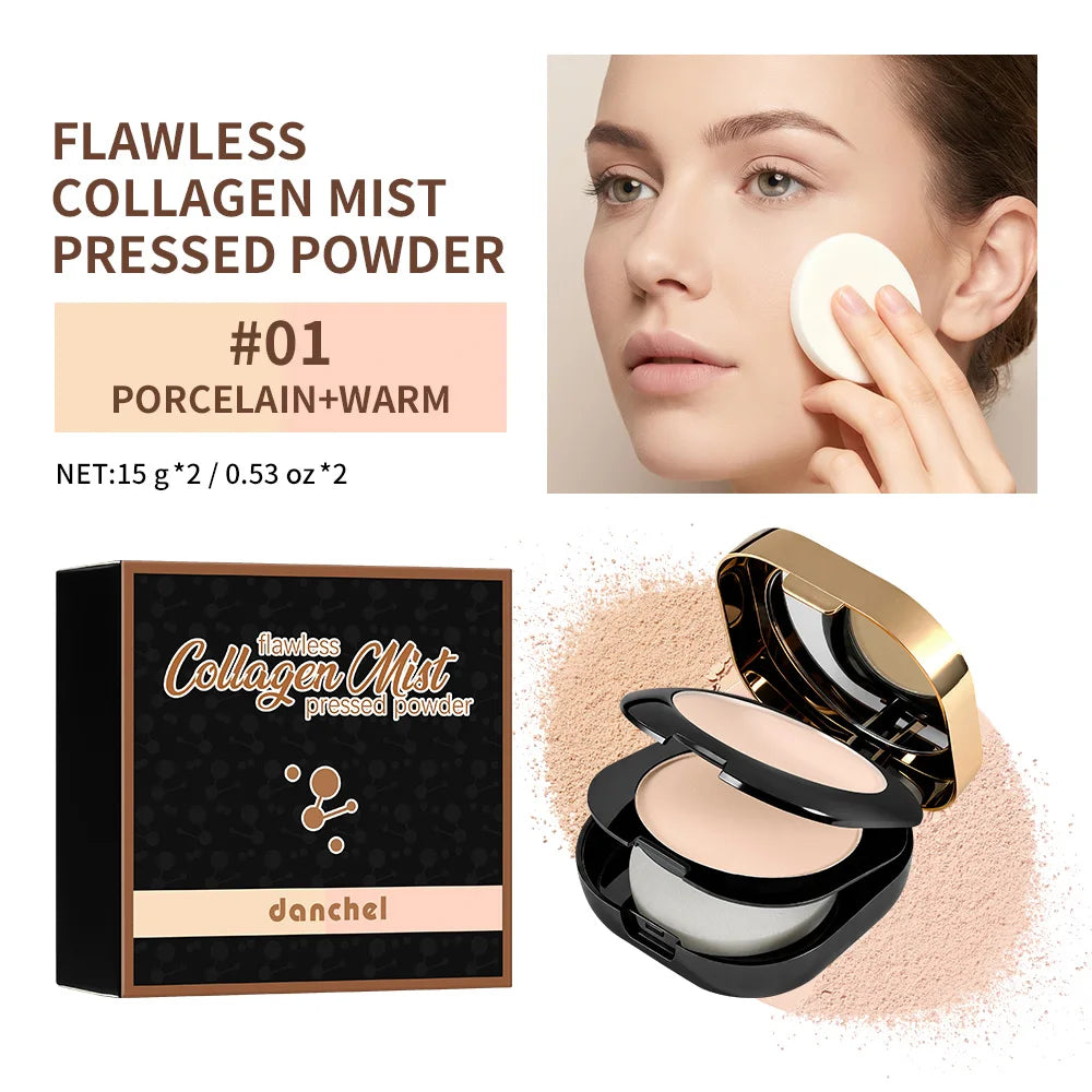2 Shades Collagen Contour Setting Powder Waterproof Oil Control Matte Finish Brightening Long Lasting Foundation Pressed Powder HIP 1PORCELAIN WARM