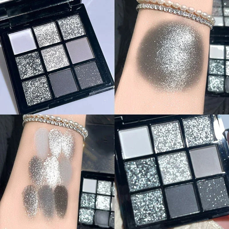 9 Colors Punk Smokey Matte Glitter Eyeshadow Palette Shimmer Eye Shadow Makeup Palette Cool Toned Gray Black Eye Pigment Palett HIP