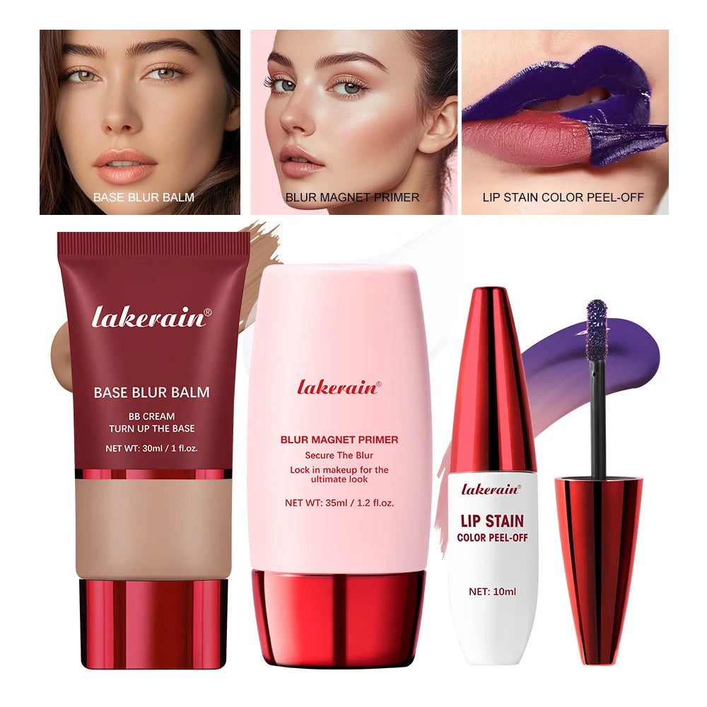 3Pcs Makeup Set Waterproof Primer Foundation And Peel Off Lip Gloss Multi Function Daily Beauty Cosmetic Kit For Women Makeup HIP set1