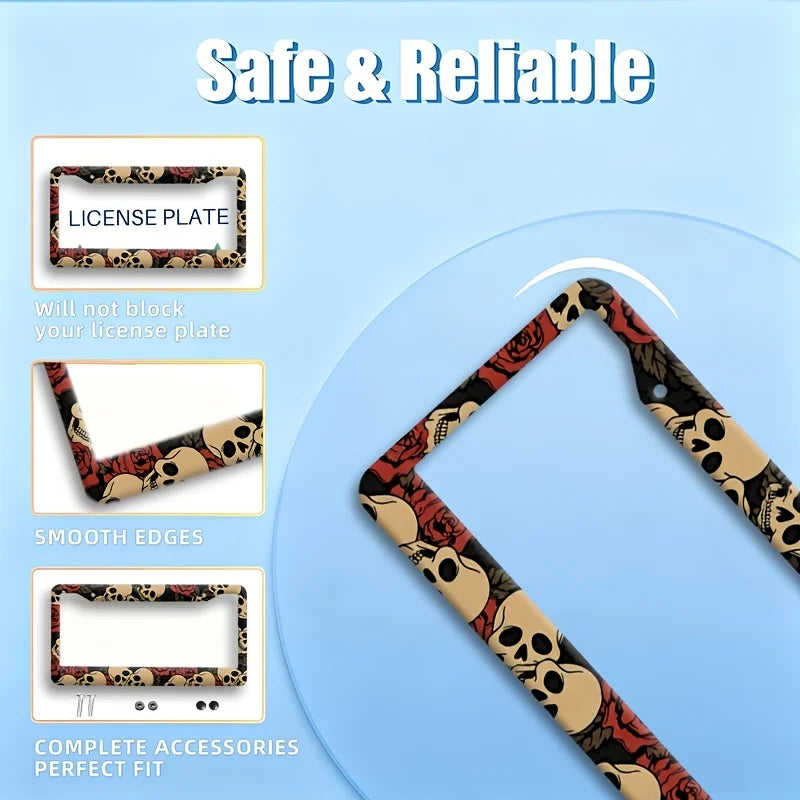 Aluminum License Plate Frame – Vintage Skull & Red Rose License Plate Frame HIP