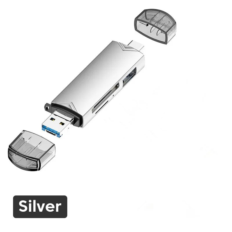 6-in-1 USB Type-C Micro USB OTG SD TF Card Reader Adapter USB Card Reader HIP Silvery USB Type-C