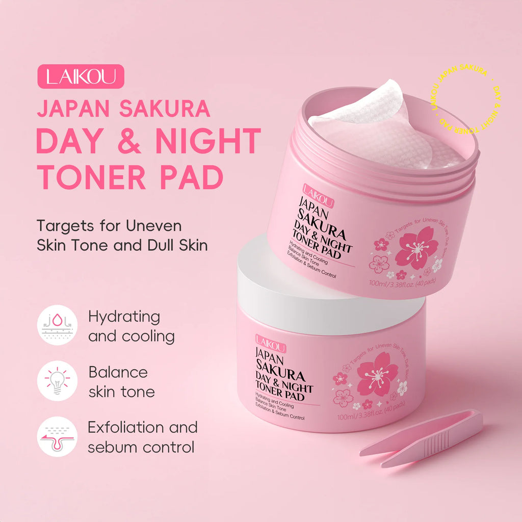 LAIKOU Sakura Toner Pads 40ct – Hydrate, Cleanse & Brighten Facial Toner Pads HIP